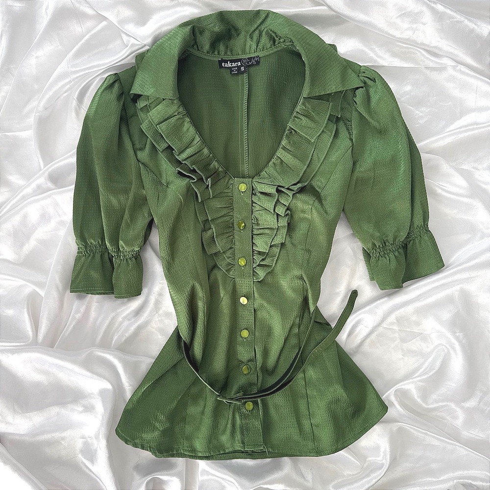 Takara Green Ruffle V-Neck Belted Satin Blouse Short Puff Sleeve Top Small